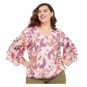 Lane Bryant Women 1x Pink Floral Spring Chiffon Girly Flirty Bell Sleeve Blouse